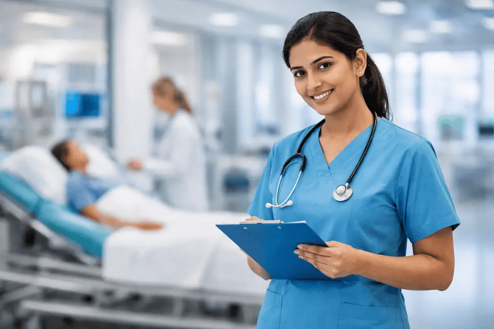 Indian nurse working in a modern foreign hospital highlighting international nursing career opportunities
