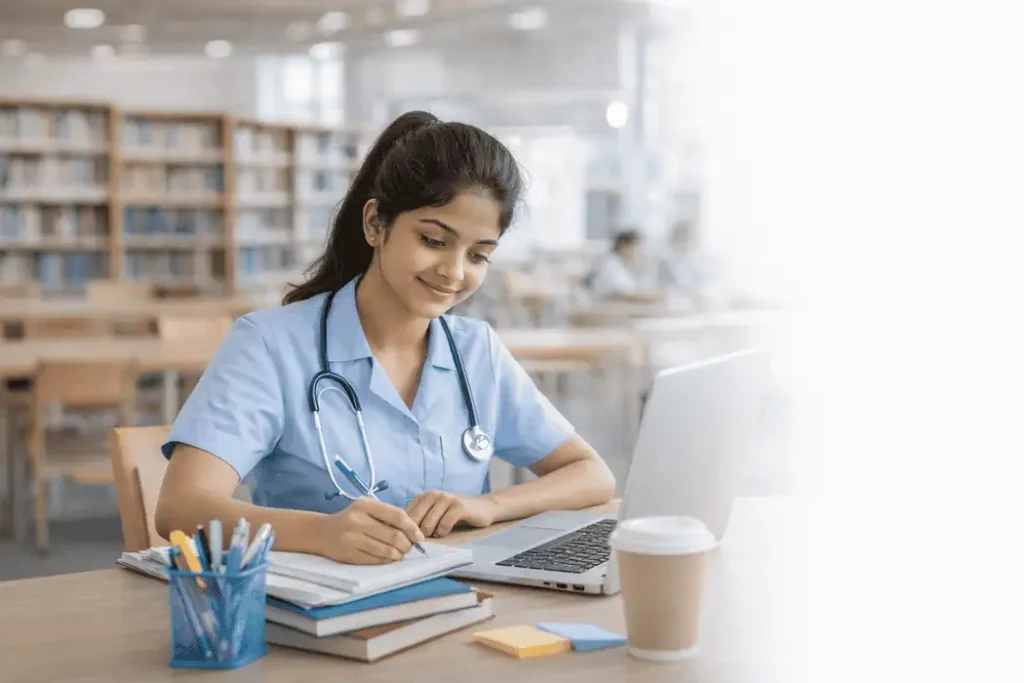 BSc nursing student studying in library for education loan in India