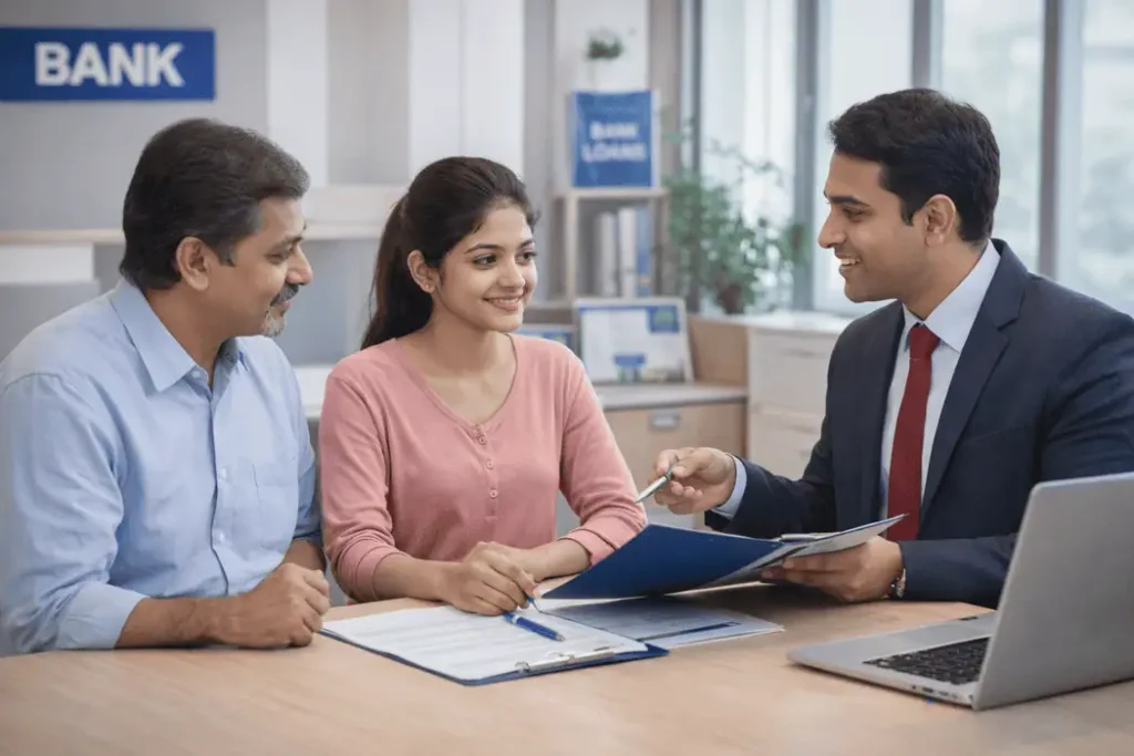 Parents and student discussing education loan with bank manager in India