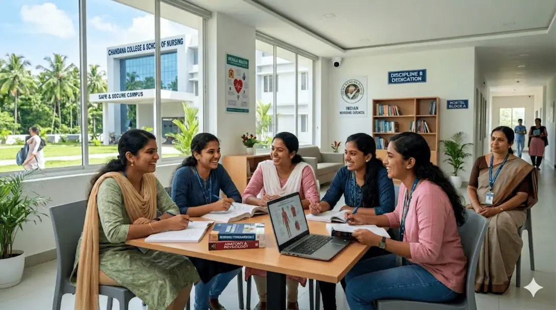 Kerala female nursing students studying together in a safe and modern campus environment at Chandana College of Nursing Suryapet with faculty supervision
