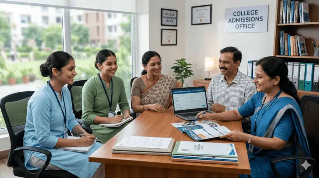 Students and parents attending nursing admission counseling session at Chandana College of Nursing admissions office in Suryapet with application form and document guidance