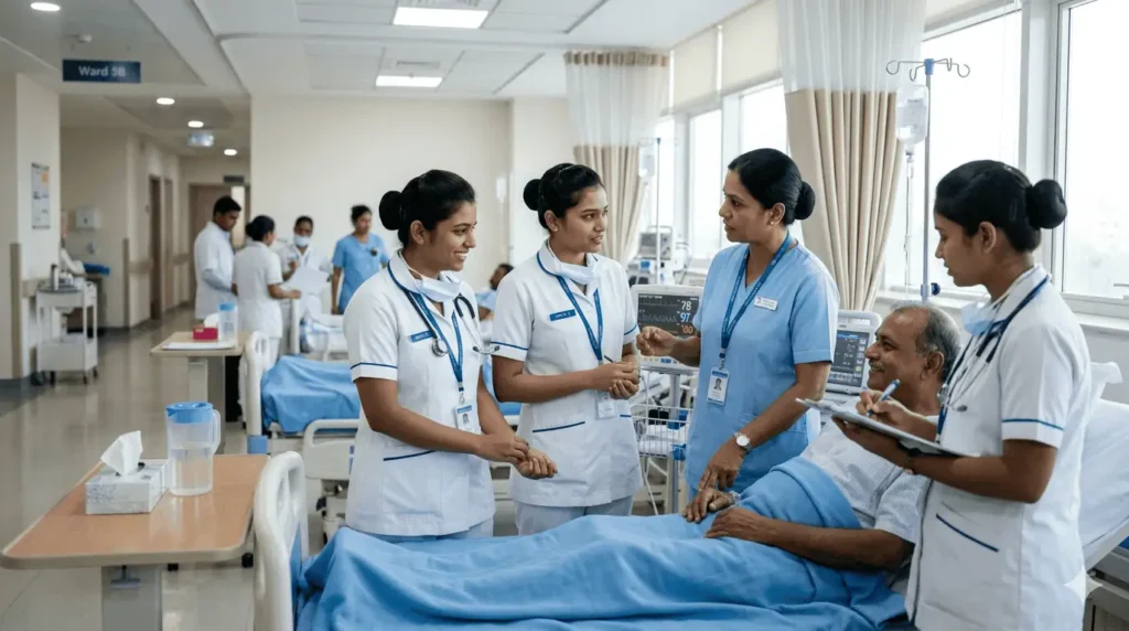 Indian nursing students receiving clinical training in a hospital ward at Chandana College of Nursing with real patient care and practical exposure