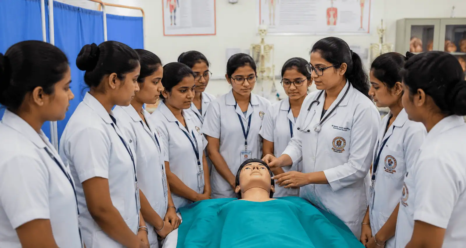 Female nursing students receiving practical clinical training at Pioneer College of Nursing Hyderabad