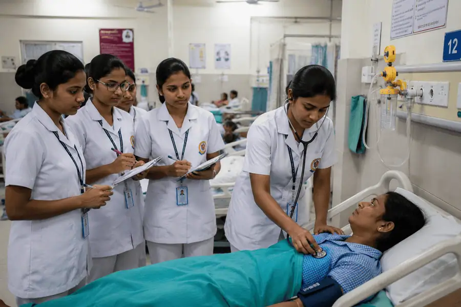 Nursing students providing patient care during clinical training in a government hospital as part of practical nursing education in Hyderabad