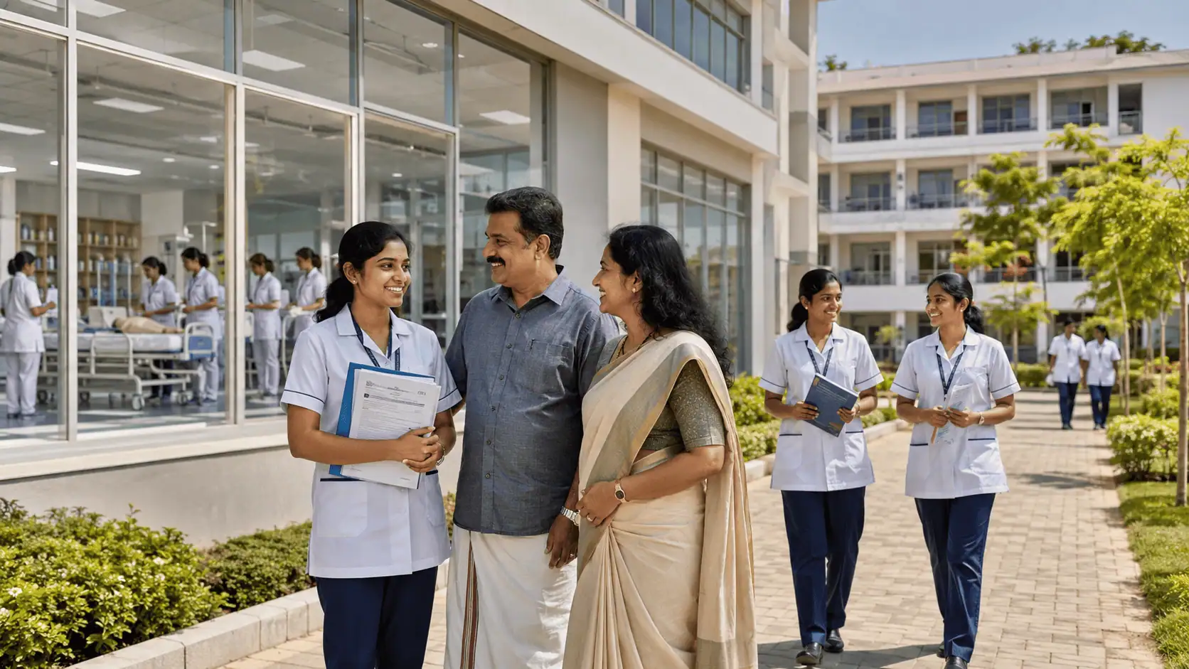 Kerala nursing student with parents receiving admission guidance at a Government Recognised and INC Approved nursing college campus with modern nursing laboratory facilities