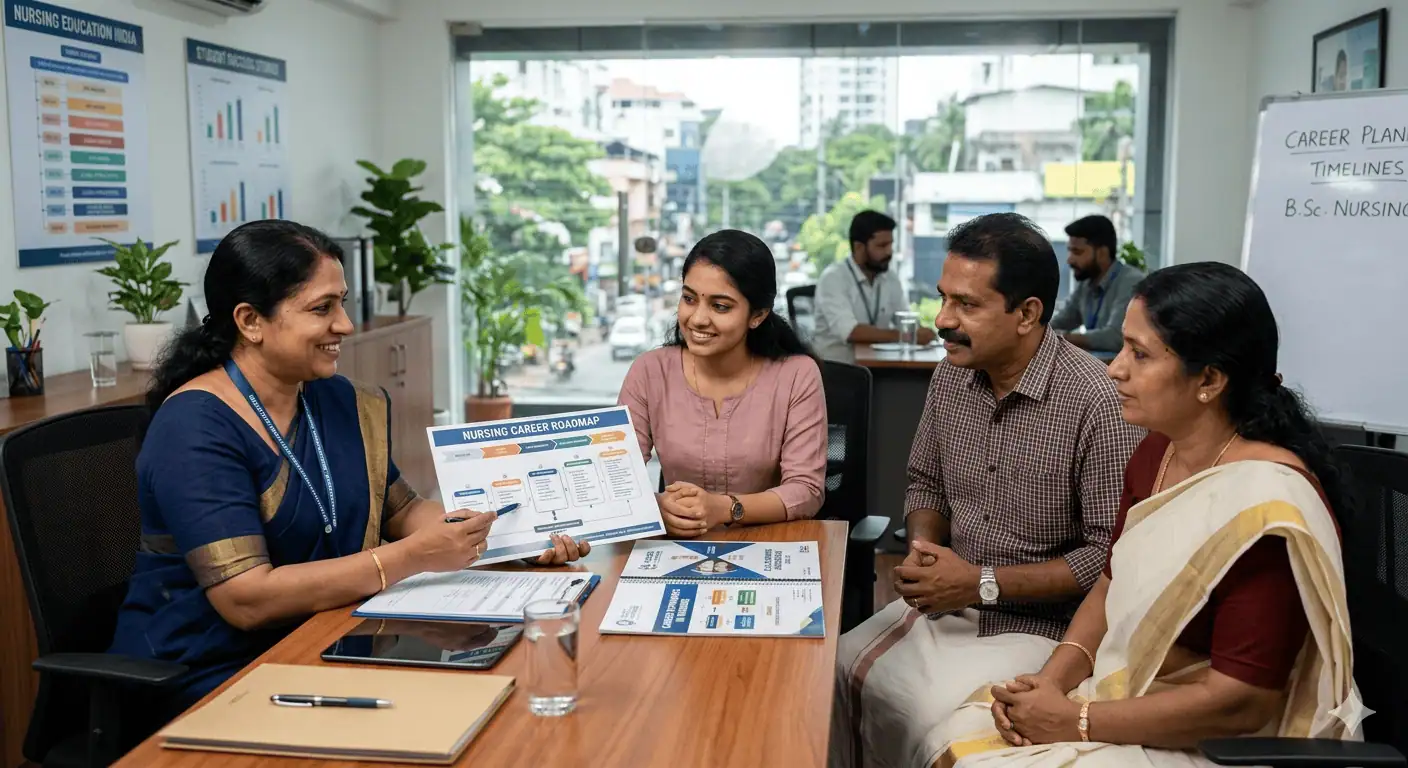 Nursing admission guidance session for Kerala students and parents exploring Government Recognised and INC Approved Nursing Colleges across India