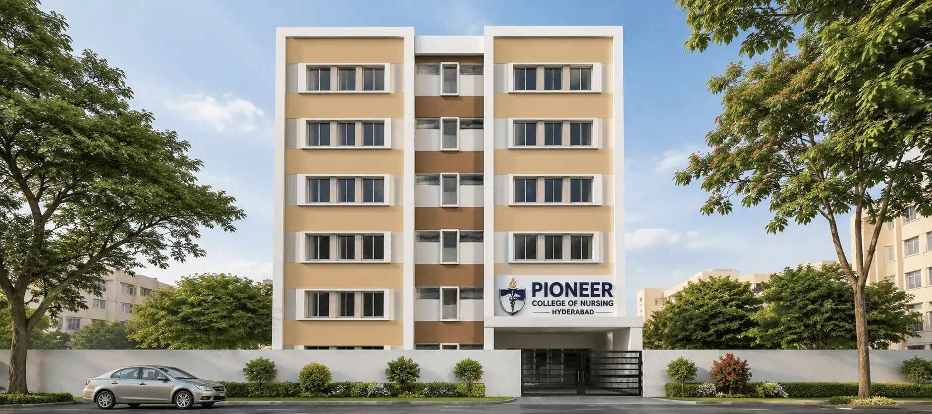 Modern campus building of Pioneer College of Nursing Hyderabad Telangana for BSc Nursing and GNM Nursing admission 2026 with student-friendly hostel and clinical training facilities.