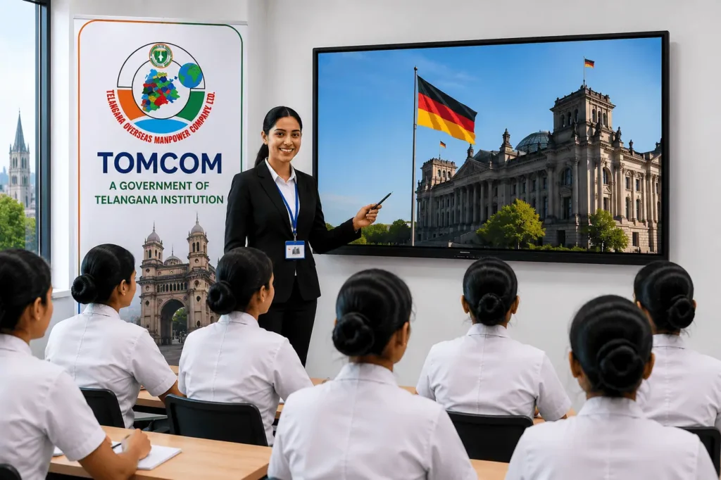 Nursing students attending TOMCOM Telangana Government global career training session for international nursing opportunities