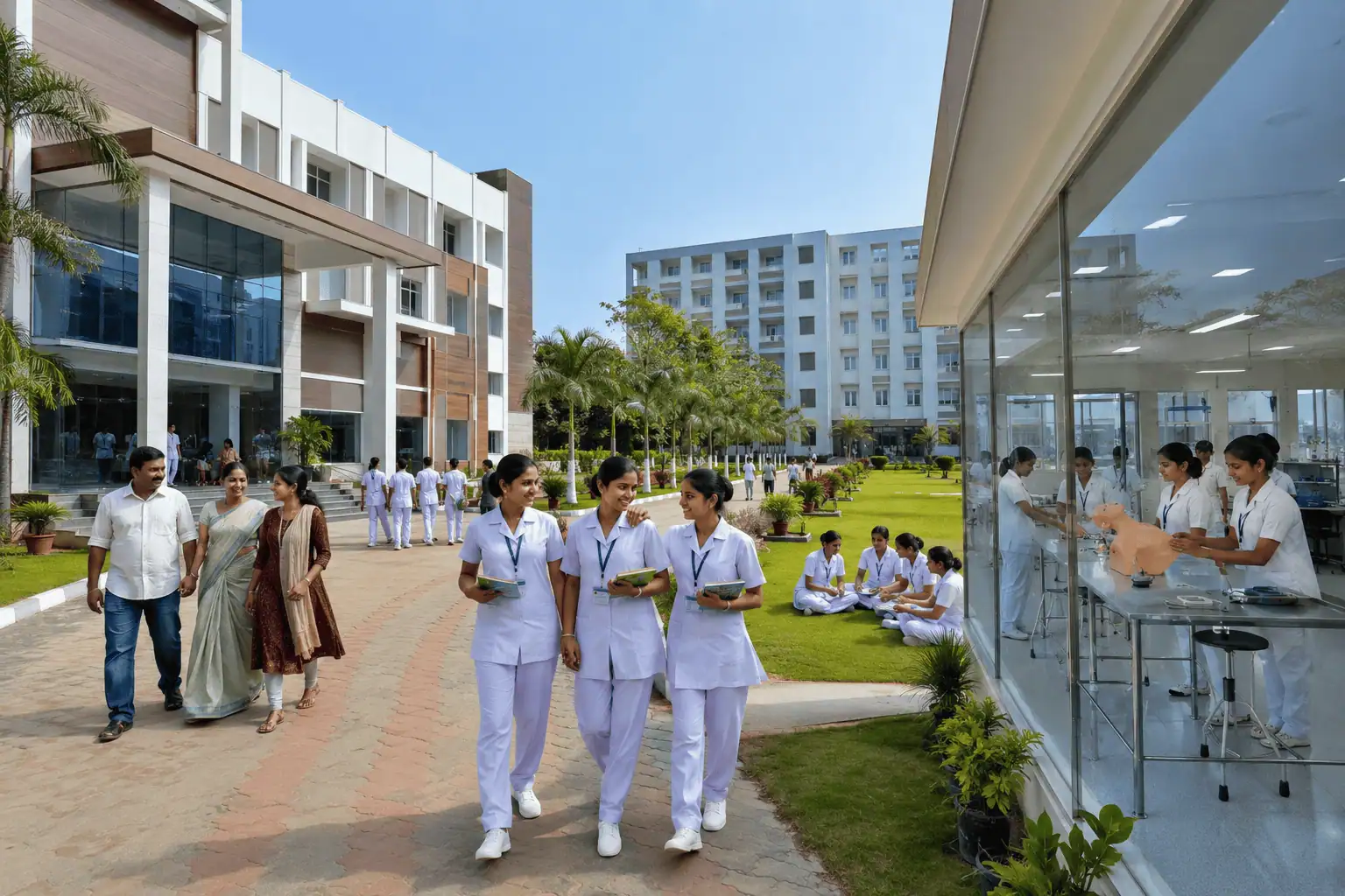 Female nursing students and parents visiting a modern nursing college campus with advanced laboratory facilities and student-friendly environment for Kerala nursing admissions