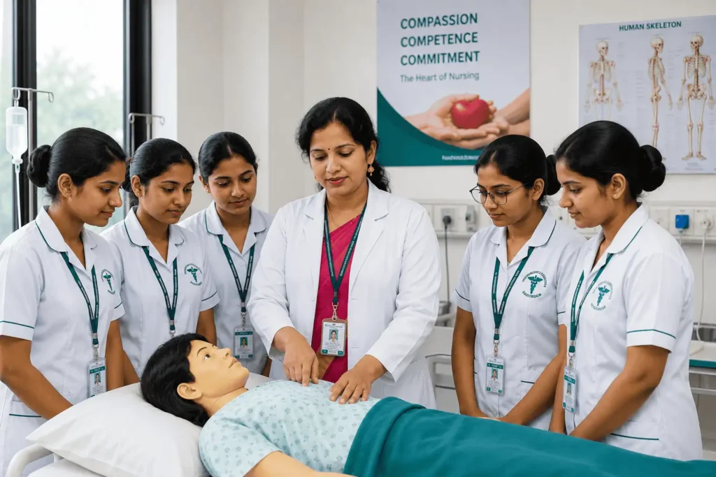 Kerala nursing students receiving practical clinical training from the principal at Pioneer College of Nursing Hyderabad