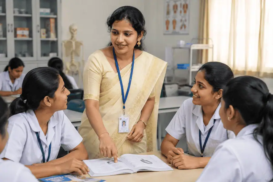 Principal of Pioneer College of Nursing Hyderabad interacting with nursing students during classroom academic guidance session