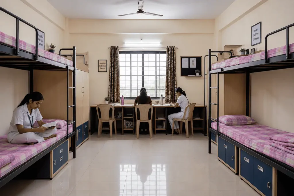Modern and secure dormitory-style hostel facility for nursing students at Pioneer College of Nursing Hyderabad with student-friendly environment and warden supervision.